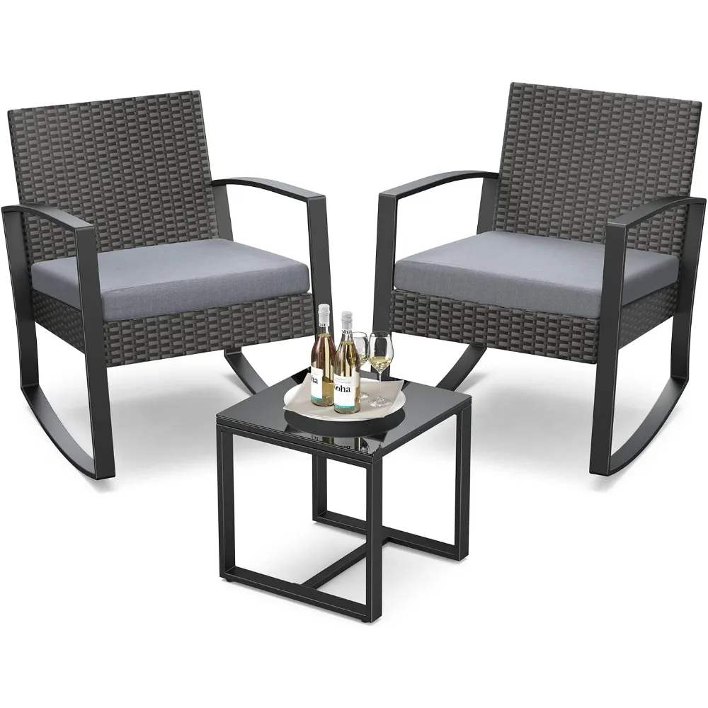 

3 Pieces Patio Furniture Set Rocking Bistro Set Rattan with Coffee Table for Garden Balcony Backyard Poolside Grey Cushion