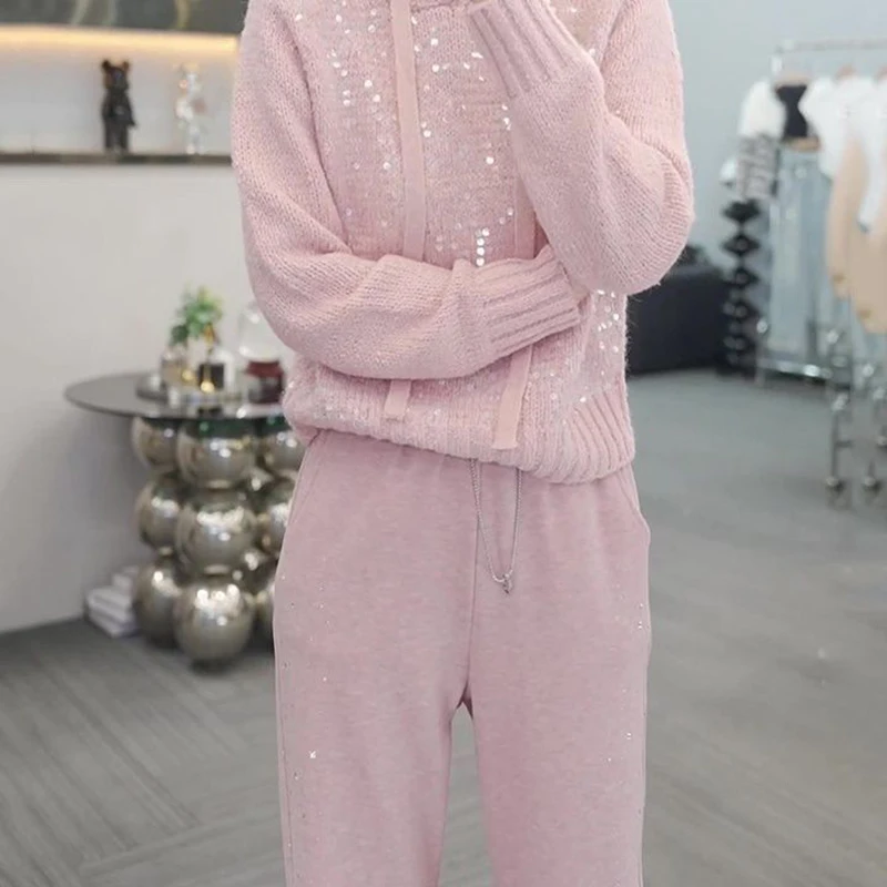 لامعة الترتر قصيرة المرأة البلوز سترة جولة الرقبة محبوك أعلى الخريف نمط جديد الحد الأدنى الراقية الشعور أنيقة