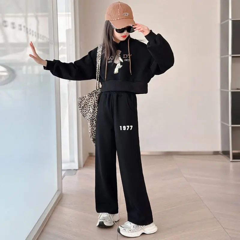 2025 autumn spring teenager kids girl Child set crop top Hooded tracksuit sweatshirt top and bottom wide leg pants 8 12 Year