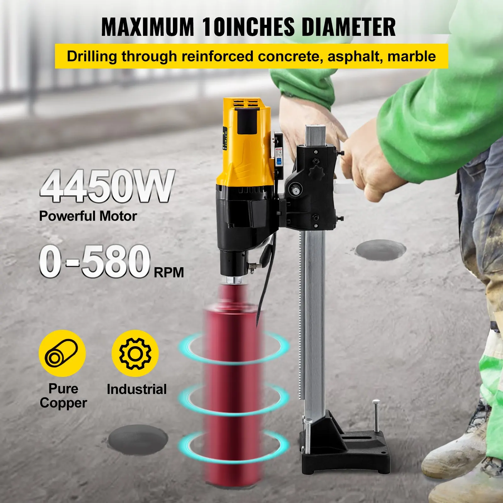 4450W Diamond Core Drill Rig Wet Dry Variable Speed Diamond Core Drill Drilling Machine Ø 255mm with Stand