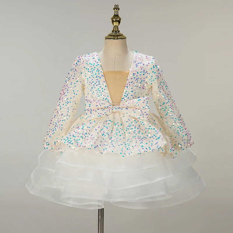 

Girls' Pink Sequin Long Sleeve Princess Dress - Flower Girl Dresses Tulle Tutu Gown for First Communion & Formal Wedding Party