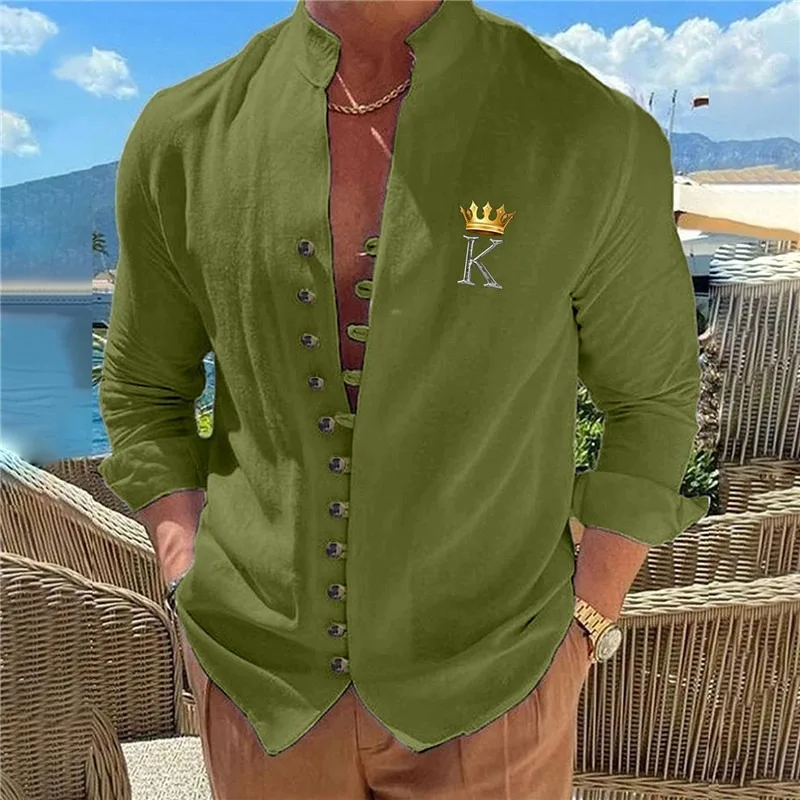 قميص رجالي بنمط هندسي بأزرار كينج وأكمام طويلة، ملابس شارع عصرية للخريف والترفيه في الهواء الطلق، قميص بياقة واقفة