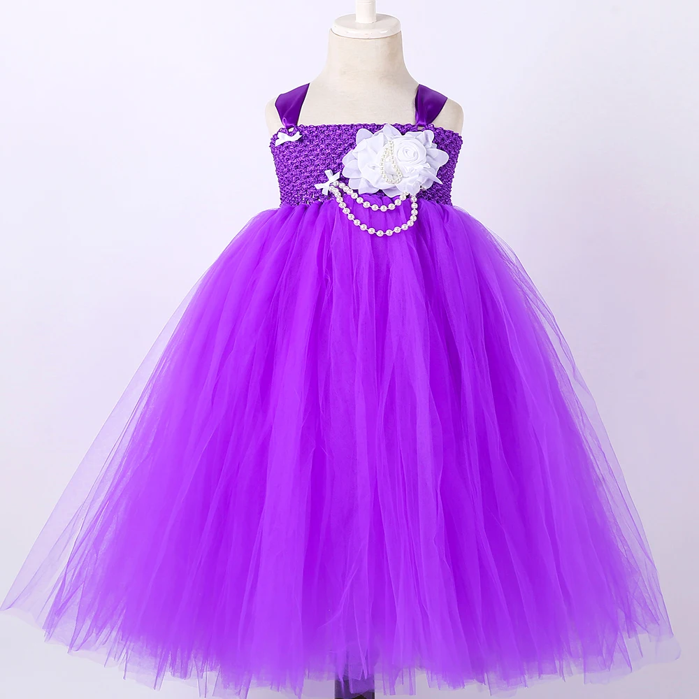 Purple Flower Girl Long Dresses for Kids Halloween Fairy Costumes with Wings Set Christmas Party Outfit Floor Princess Ball Gown