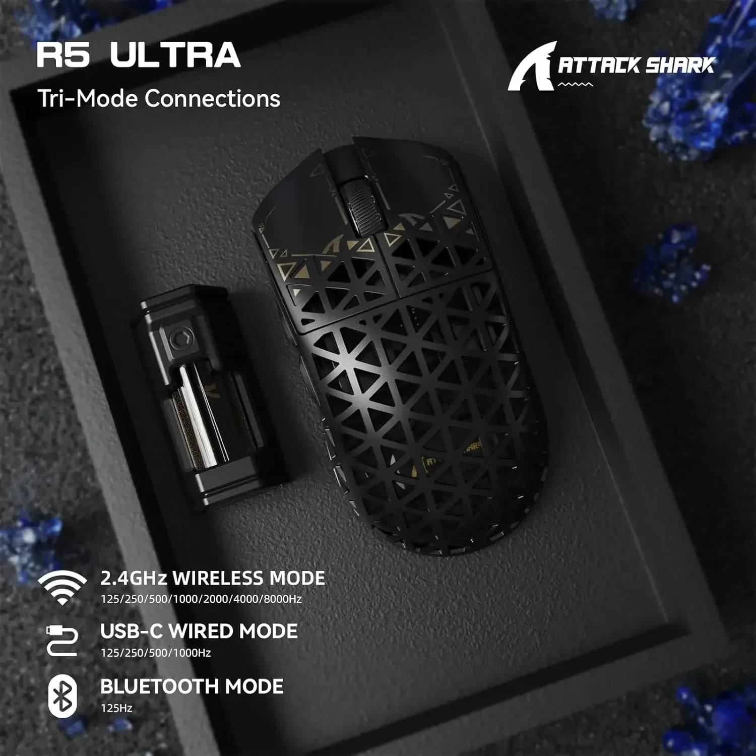 ATTACK SHARK R5 Ultra Fiber de carbone 8KHz souris creuse sans fil 42000DPPA 3950MAX capteur nordique 52840 puce Macro-défini souris