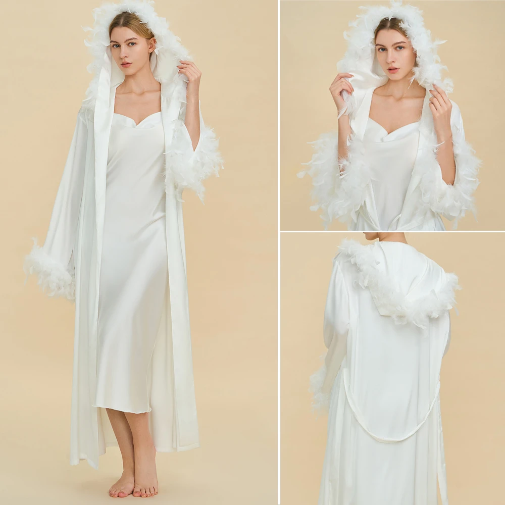 

Luxury Feather Bride Wedding Long Robe Dress Nightgown Sexy Hooded Bathrobe Homewear Silky Satin Women Sleepwear Lingerie