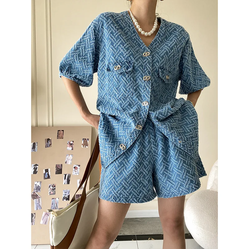 Spring Summer Women Denim Suit Fashion Commuter Loose Short-sleeved V-neck Denim Jacket Top Elastic Sleeve Denim Shorts 2pcs Set