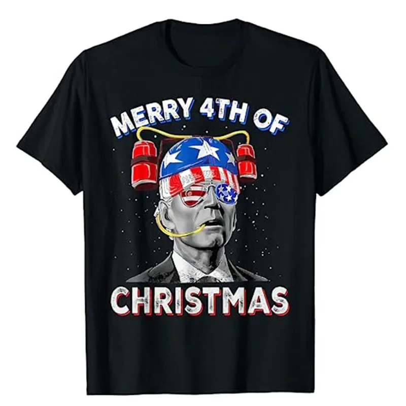 Costume Political Joke Graphic Tee Top Gift Merry 4th of Christmas Funny Joe Biden Confused 4th of July T-Shirt mens t shirts