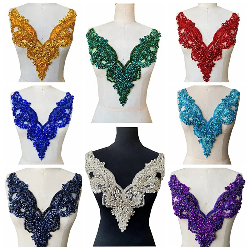 

Handmade rhinestones on lace bodice applique sewing beads stones trim patches accessory for dress