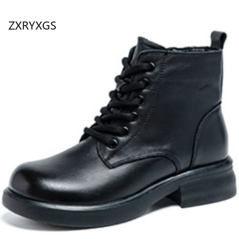 

ZXRYXGS Top Layer Cowhide Autumn Winter Boots Low Jheel 2026 Cross Strap Side Zipper Genuine Leather Boots Women Trendy Boots