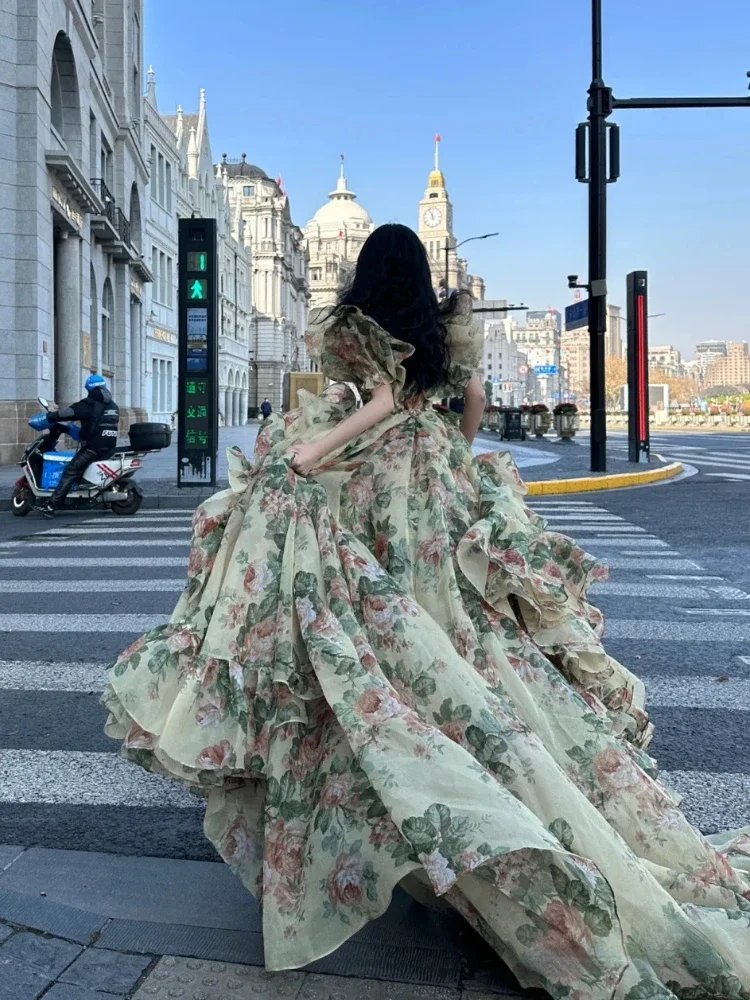 2024 Spring Princess Elegant Dress Women Puff Sleeve Print Y2k Evening Party Dress Female France Vintage Chic Irregular Clothes