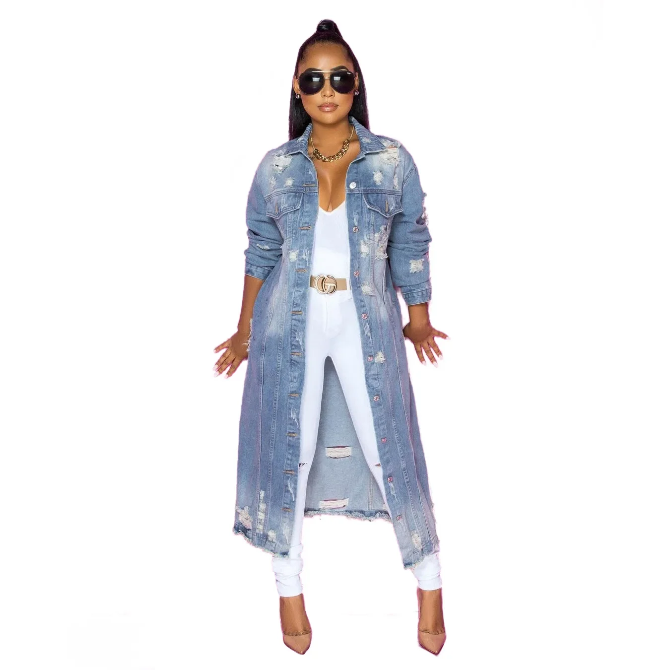 

2025 Spring Fashion Women's Clothing Ripped Long Sleeve Denim Windbreaker Cardigan Denim Long Coat Тренч Женский