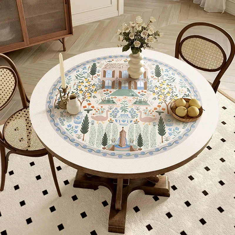 Pastoral Farmhouse Pattern Tablecloth Leather PVC Round Dining Table Mat Waterproof Oil-proof Desktop Protective Pad Decoration