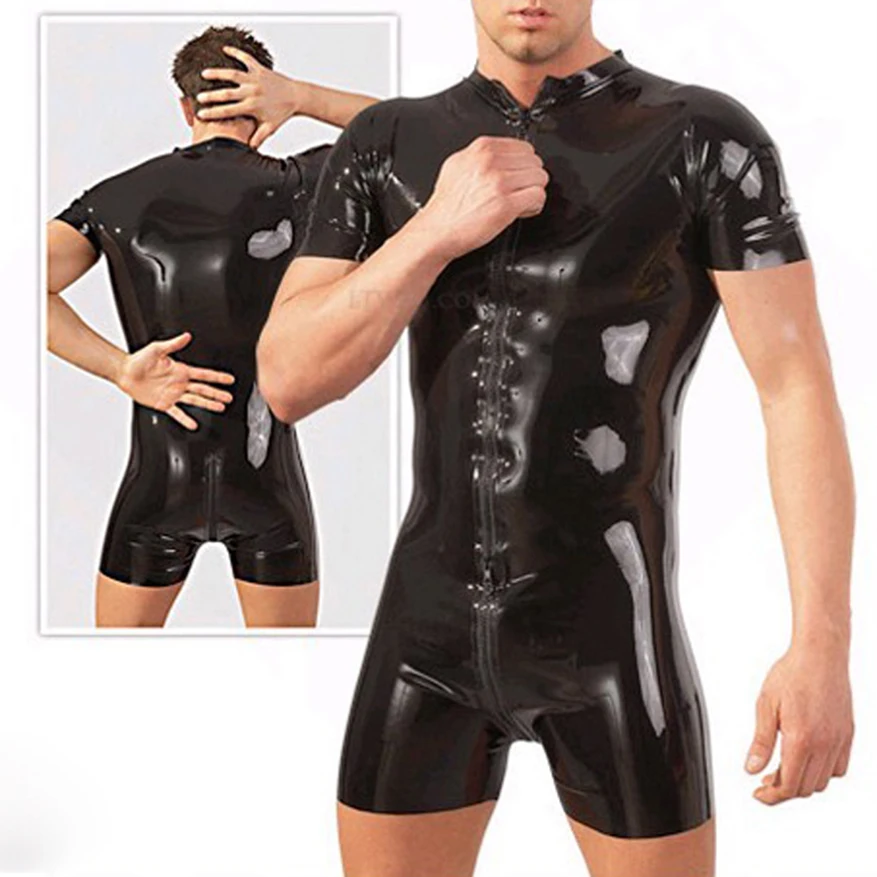 

Sexy Latex Men Catsuit with Front Zip Natural Rubber Short Legs Sleeves Bodysuit Custom Made Handmade Jumpsuit S-LCM012