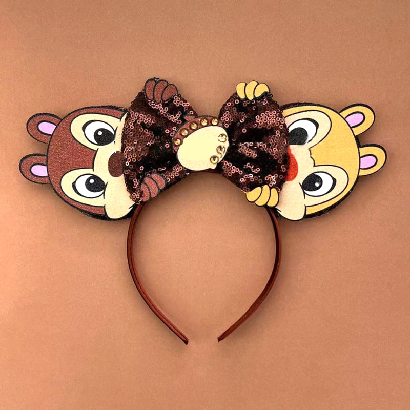 2024 Mickey Mouse Ear Headband Chip and Dale Bow Sequin Hairband Women Hair Hoop Birthday Gift Adult/Child Cosplay Accessories