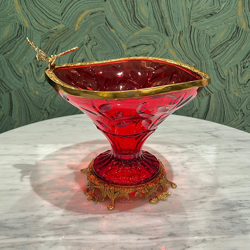 Luxury Crystal Fruit Tray Retro European Candy Stand Brass Metal Home Decoration for Dining Table Living Room