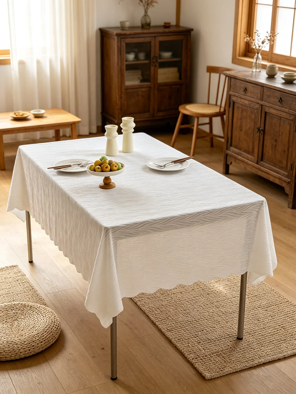 1Pc White Jacquard Tablecloth Polyester Wavy Edge Rectangle Reusable Table Cover Dining Room Dinner Table Decor Minimalist Style
