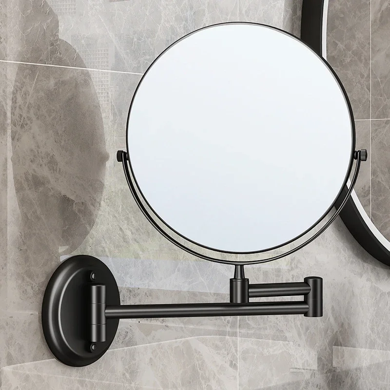 Folding Cosmetic Mirror Wall-mounted Punch-free Bathroom Accessories Telescopic Black Metal Magnifying Beauty Round Wall Mirror