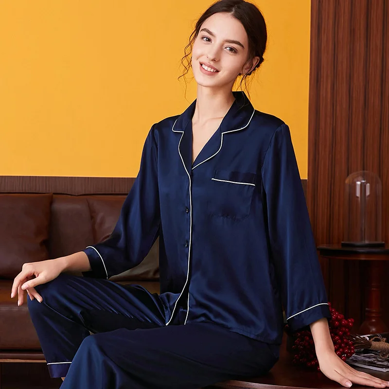 2023 Spring/Summer New Silk Pajamas Women\'s Summer Long Sleeve Two Piece Set 100% Mulberry Silk Couple Home Suit Silk Set