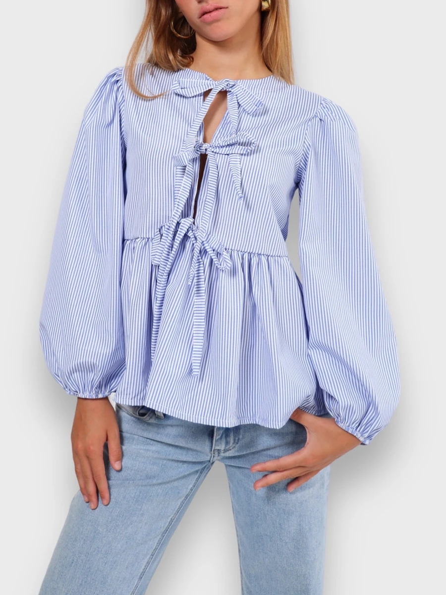 Blusa de manga longa para mulheres, Y2K Tie Front, camisas Babydoll, camisa de arco, Peplum Tops, Ruffle Hem, roupas fofas