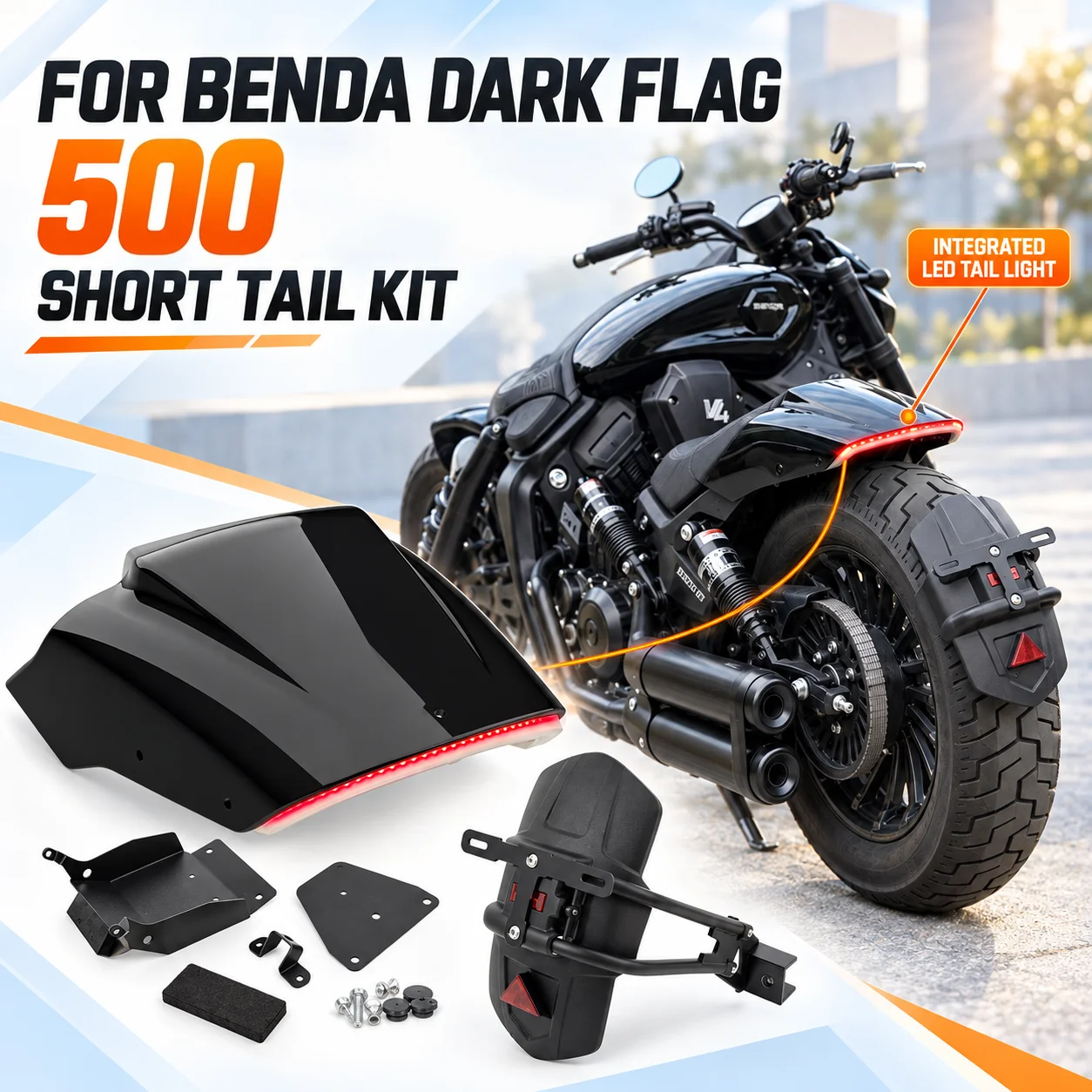 Modified Short Tail Fender Fits BENDA Dark Flag 500, Rear Mudguard Integrated License Mount Moto Parts