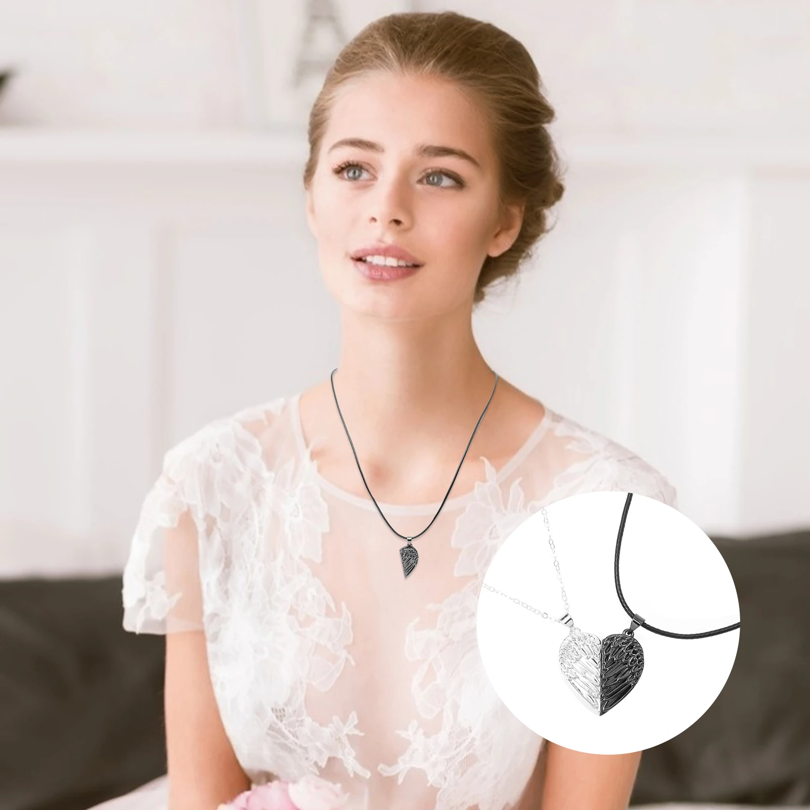 

1Pair Wings Necklace Creative Heart Shape Stitching Pendant Couples Gift Lovers Clavicle Accessory Splicing Necklace
