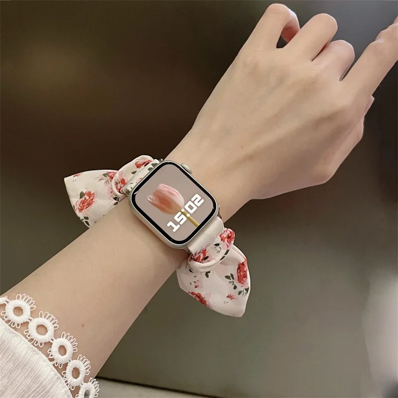 Korea Cute Bow Hair Band Strap For Apple Watch Band 49mm 44mm 40mm 45mm 41mm Fashion Lady Elastic Strap Band For watch 9 8 7 6 5