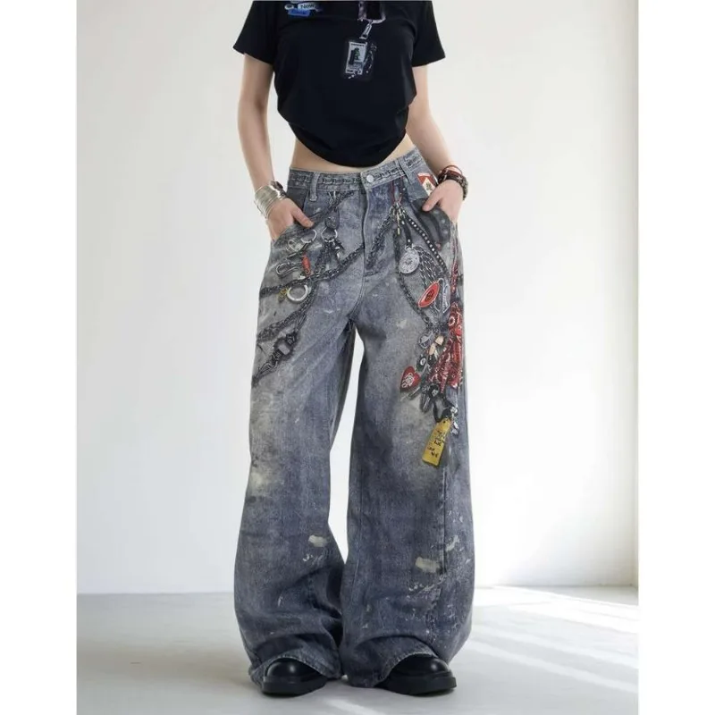 

Trendy Men Vintage 3D Printed Wide Leg Straight Casual Jeans Autumn High Waist Denim Trousers American High Street Style Cowboy