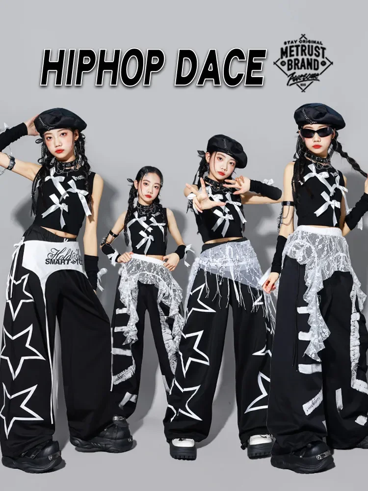 Girls K-pop Modern Bow Crop Top Dance Joggers Cargo Pants Kids Hip Hop Streetwear Costumes Children Jazz Girl Group Clothes Sets