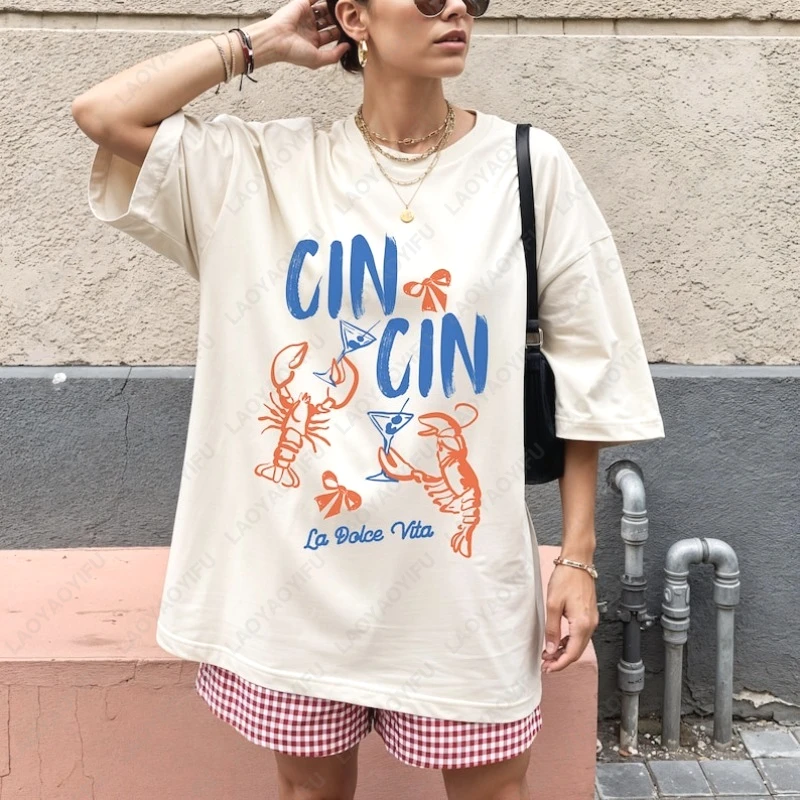 Cin Cin Lobster La Dolce Vita Shirt Fisherman Aesthetic Coastal Ocean Retro Printed Unisex Tee Funny Travel Holiday Cotton Tops
