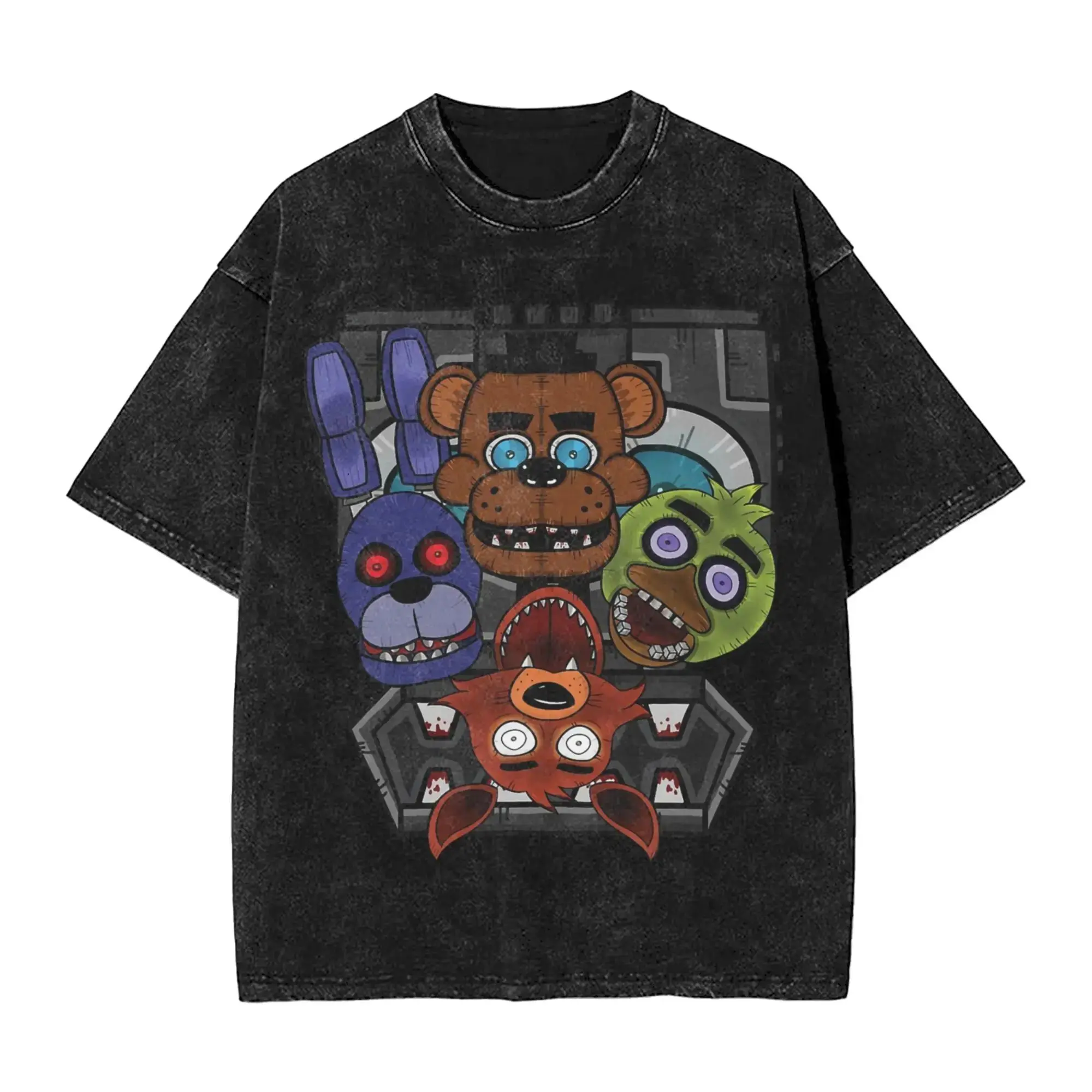 Hot Games Tops Hip Hop Novelty T-Shirts FNAF At Freddys Washed Streetwear Tees Print Cotton Oversised Casual Short Sleeve Unisex