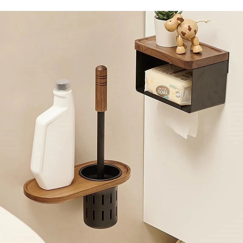 

Walnut Metal Toilet Brush Holder Wall Mounted Black Household Supplies Bathroom Cleaning Tools Rack
