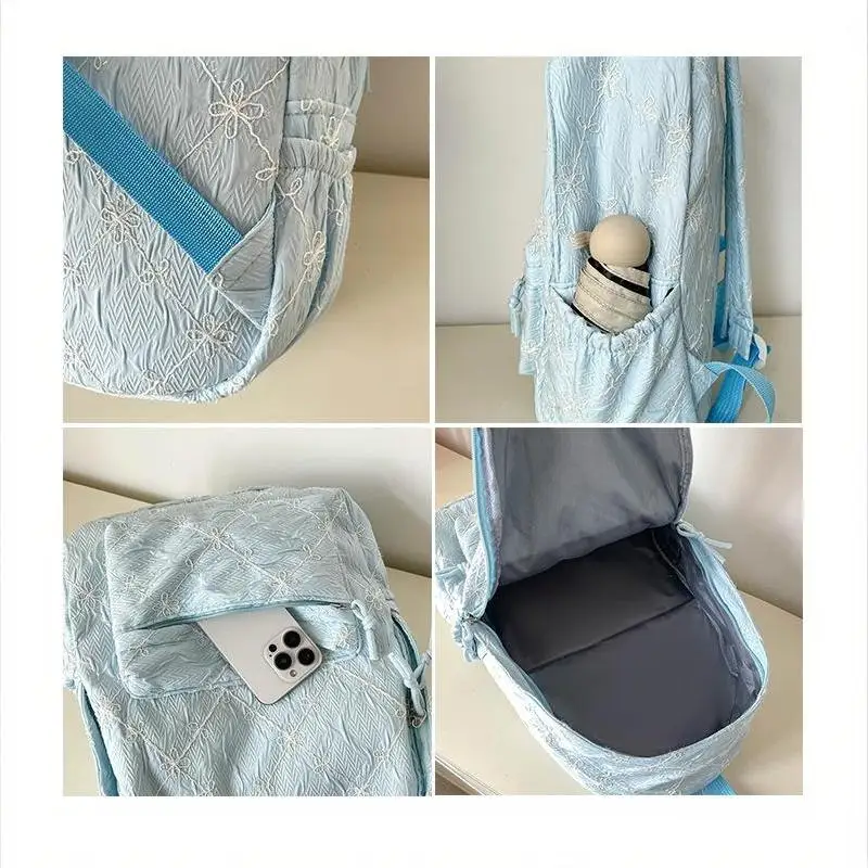 Nylon-Rucksack mit süßem Schleifenmuster, großes Fassungsvermögen, leicht, mehrere Taschen, Schultasche, lässiger Alltagsrucksack für Studenten und Pendler – Detail 9