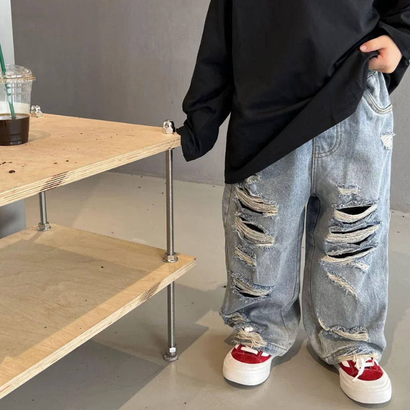 

Spring Kids Trousers Boys Fashion Ripped Jeans Baby Girls Loose Casual Denim Pant Korean Children's Clothing Ripped Pants New