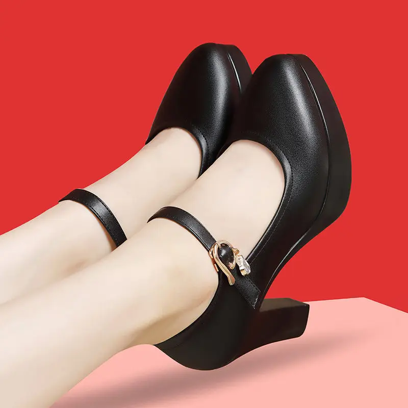 9cm Comfortable Fashion Soft Leather Mary Janes Women's Platform Shoes 2023 Fall Block High Heels Pumps Office Mom Dance Model