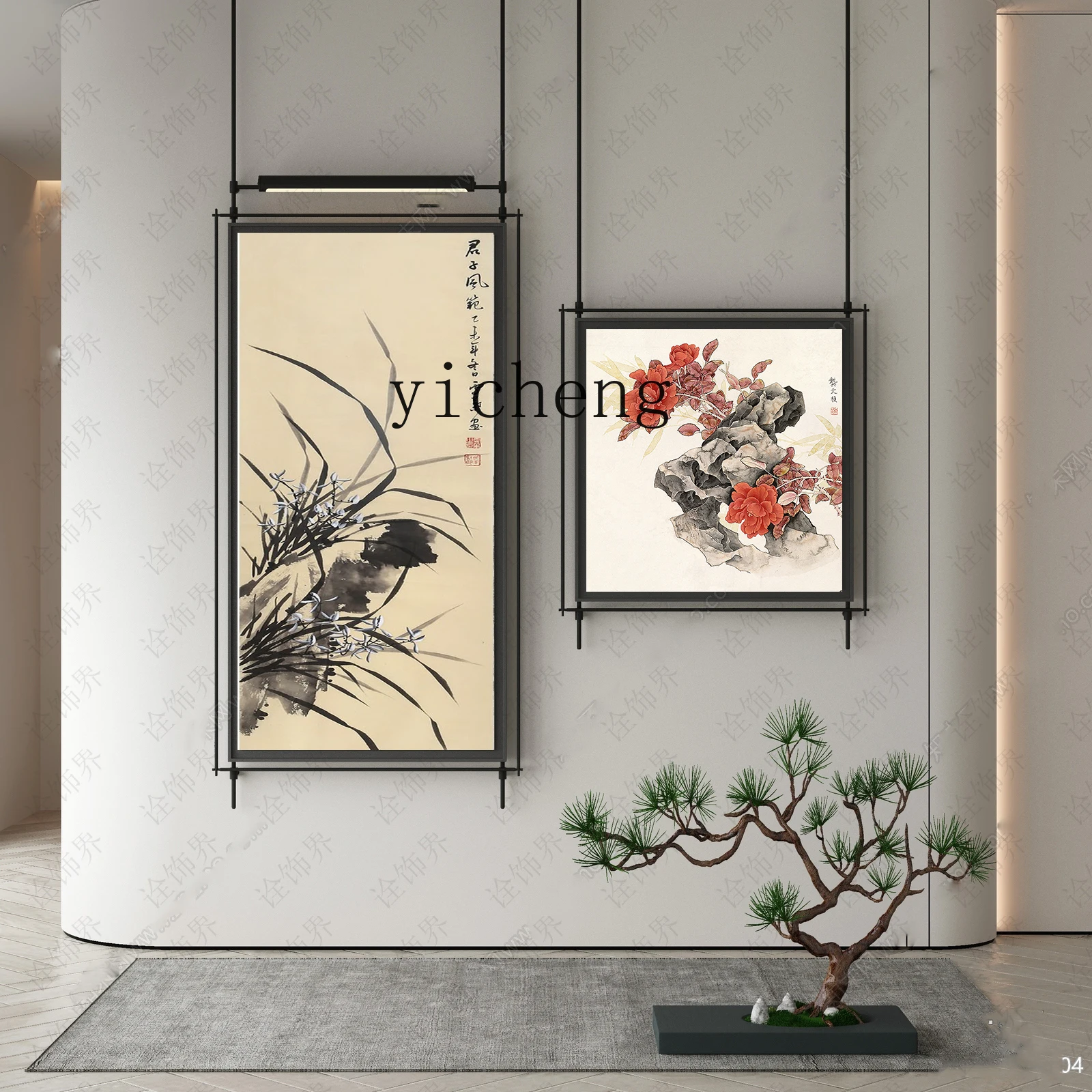 Tqh Wall Meilan Chrysanthemum and Bamboo Decorative Painting Living Room Sofa Background Wall Iron Pendant