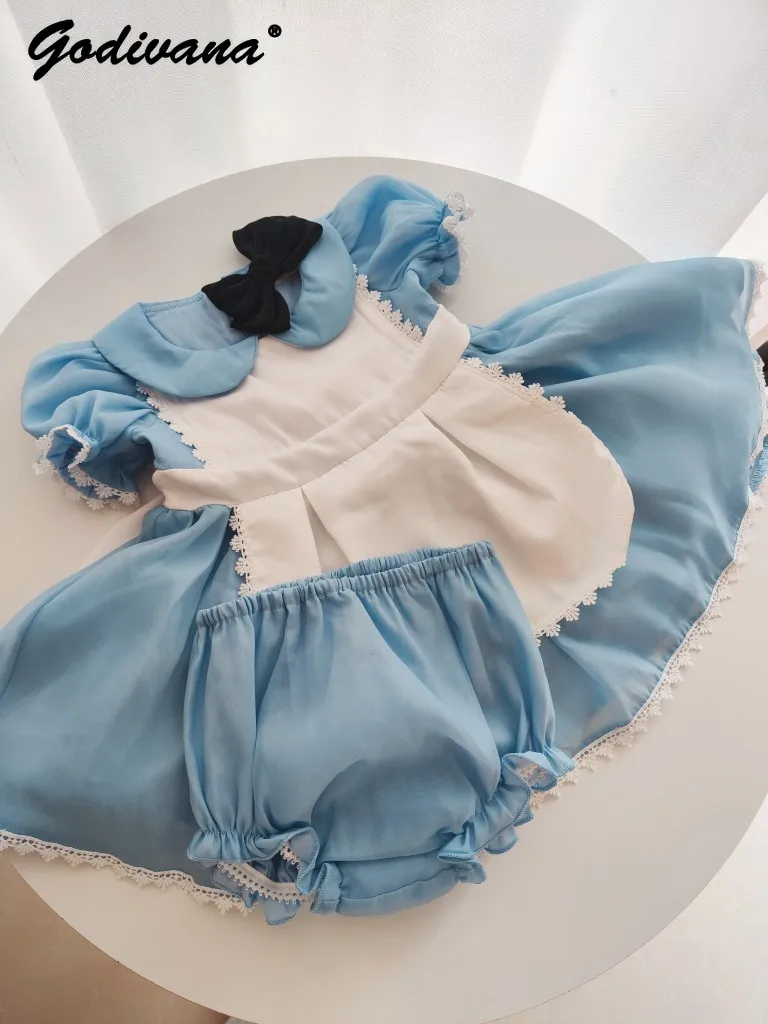 2026 New Spring and Summer Baby Girls Sweet Bubble Sleeve Light Blue Princess Dress Kids Blue Tulle Lace Trim Short Casual Dress