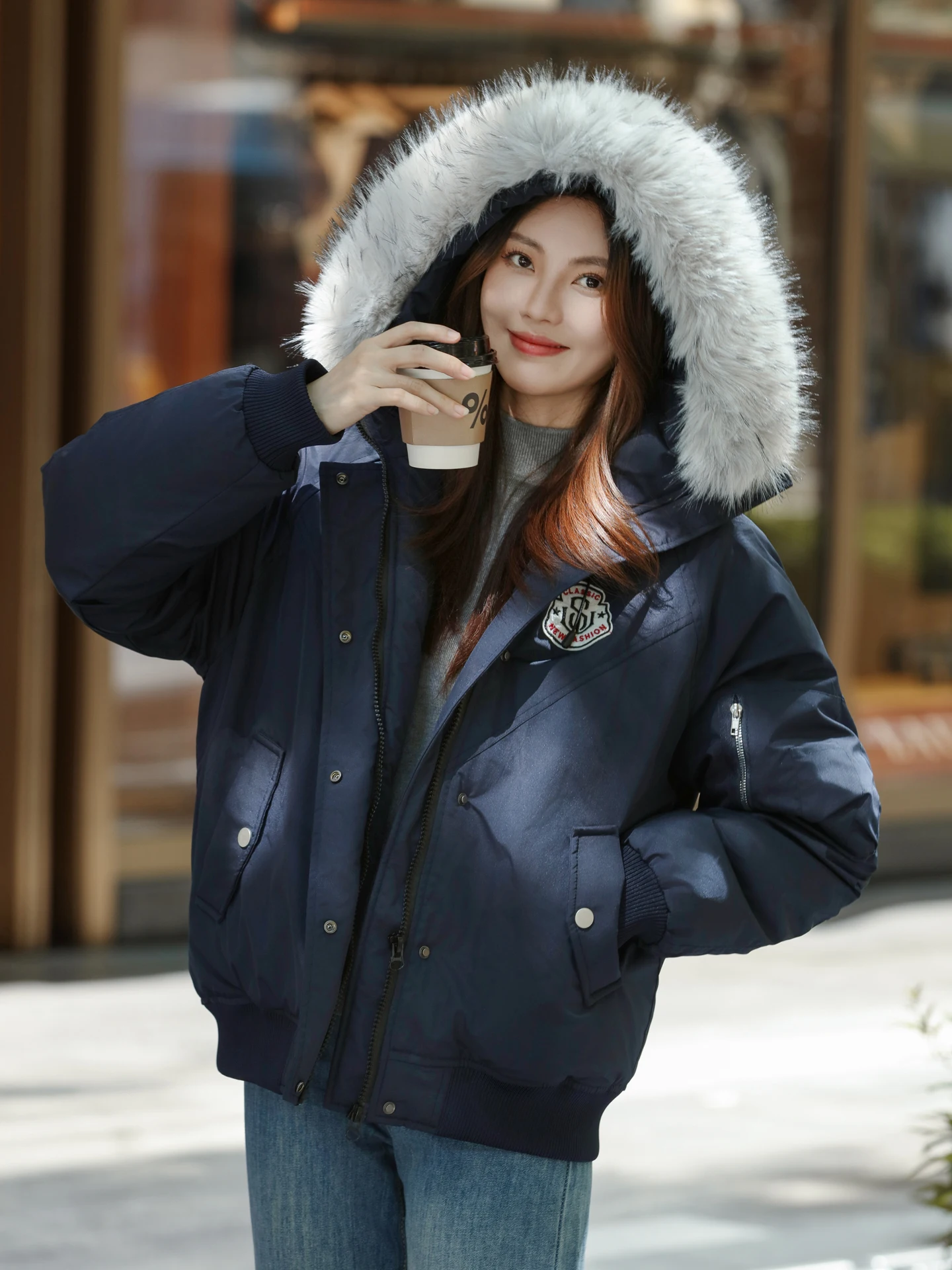 Loose Fit Thiened Blue down Jaet Women's Korean Sle Winter Coat with Large Fur Collar Warm Cotton Quilted Outerwear