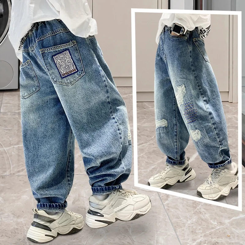 Boys Jeans Kids Casual High Waist Jean Pant Cartoon Printed Denim Pants 5 To 14Yrs Children's 2023 Spring Autumn Cotton Trousers