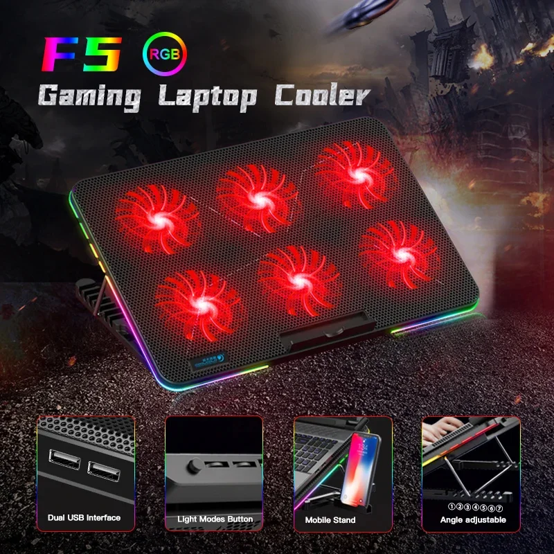 Universal Laptop Stand RGB Lighting Gaming Style 6 Fans LED Screen 12-15.6 inch Laptop Cooling Pad With Mobile Phone Holder