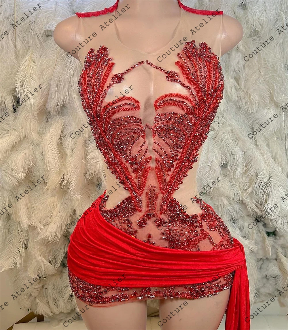 Gala Red Diamond Beading Short Prom Dresses With Train Luxury Rhinestone Crystal Birthday Party Gowns Mini Cocktail Customized