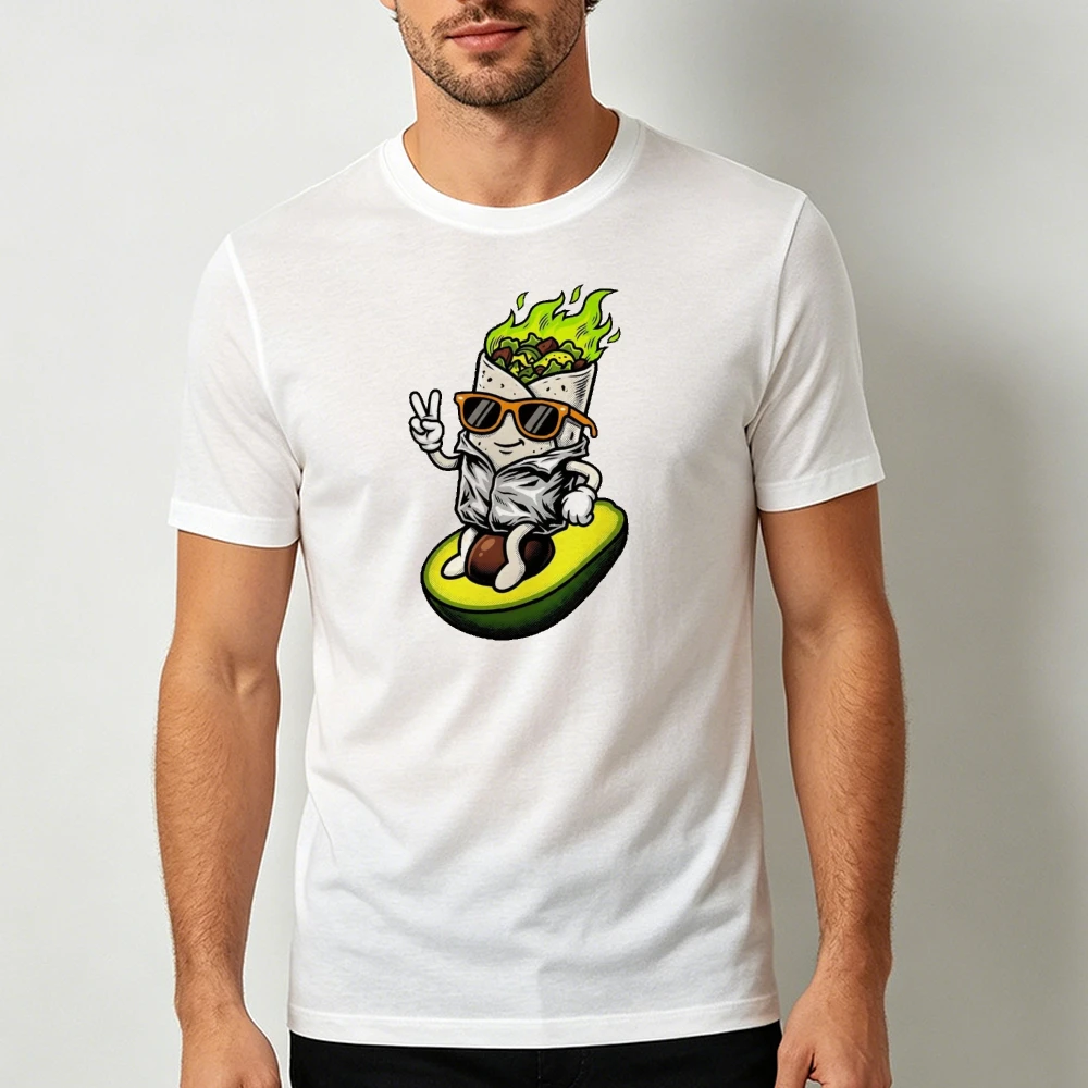 Sunglasses Burrito Riding Avocado Cartoon Graphic Men Summer T Shirt Trendy Street Food Fun Casual Short Sleeve Garment