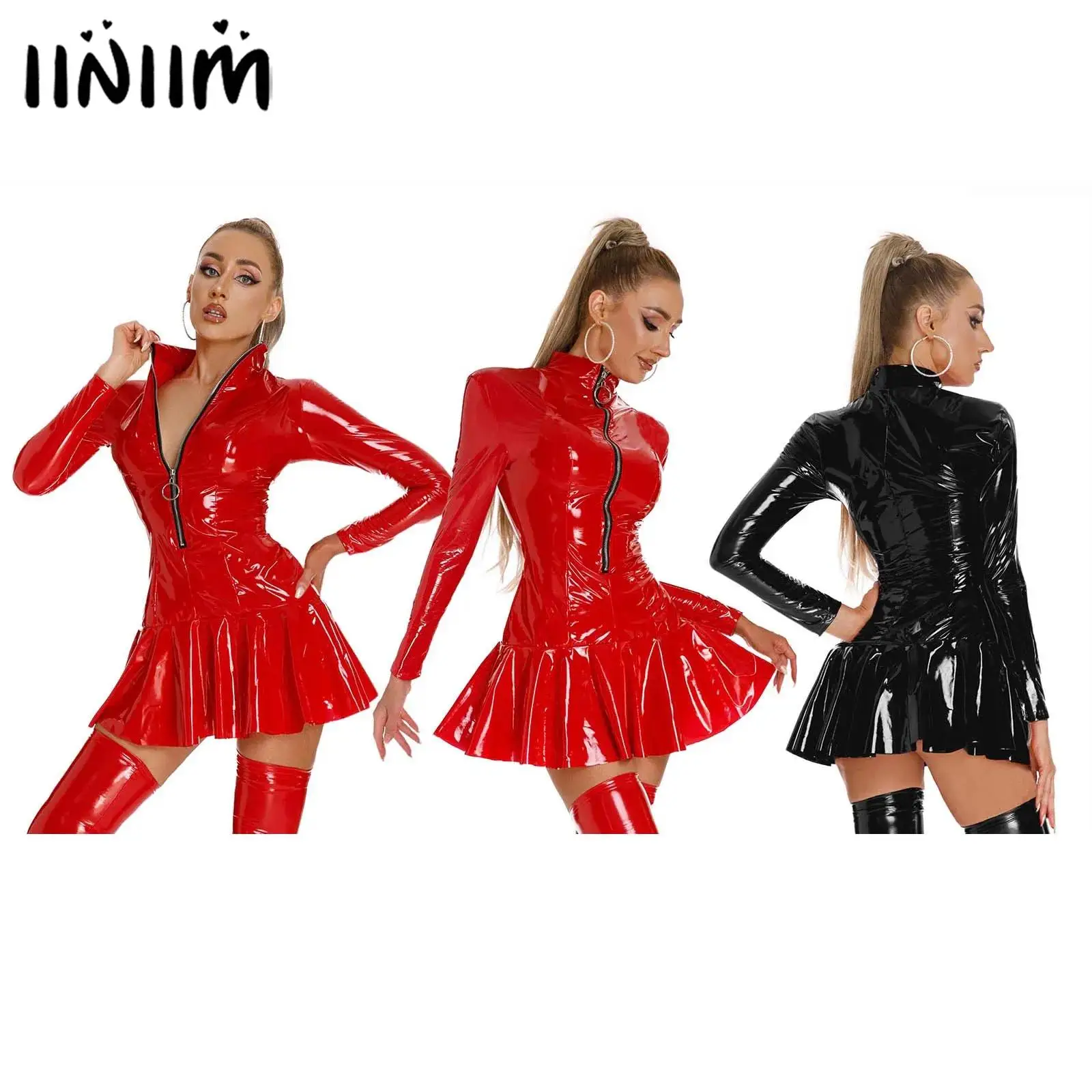 Womens Zipper Tight Bodycon Mini Dress Long Sleeve Stand Collar Patent Leather Ruffle Skirt Dress Wet Look Clubwear Latex Dress