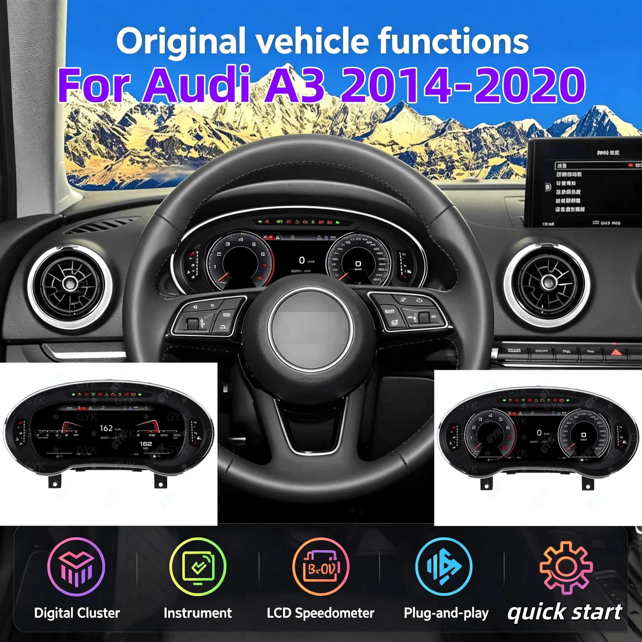 12.3"Lcd Dashboard Display For Audi A3 2014-2020 Digital Odometer Speedometer Screen Virtual Cockpit Cluster Instrument CarPlay