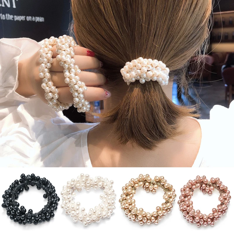 Pearl Hair Bands Women Girls Scrunchie Ponytail Holder Pearl Beads Women Hair Bands Elastic Rubber Rope Ties Hair Accessories