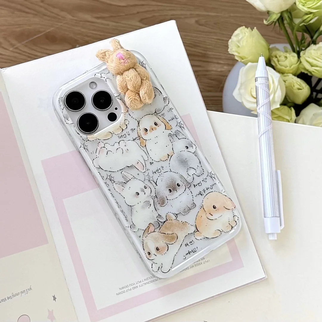 

Ink and Wash Painting Rabbit Cute 3D mini Plush Rabbit Phone Case For iPhone 14 15 16 Pro Max 16 Pro Back Cover﻿