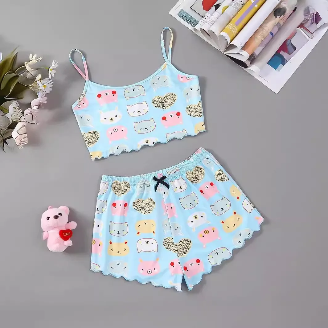 New Style Summer Women Pajamas Set Cute Cat Print Camisole With Shorts Casual Sexy Lovely Nightie Homewear Sleepwear Underwear