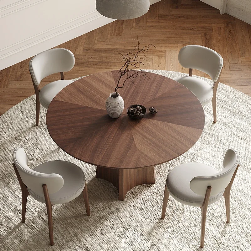 

A A French retro modern minimalist black walnut dining table quiet solid wood round with turntable 6 living room furniture