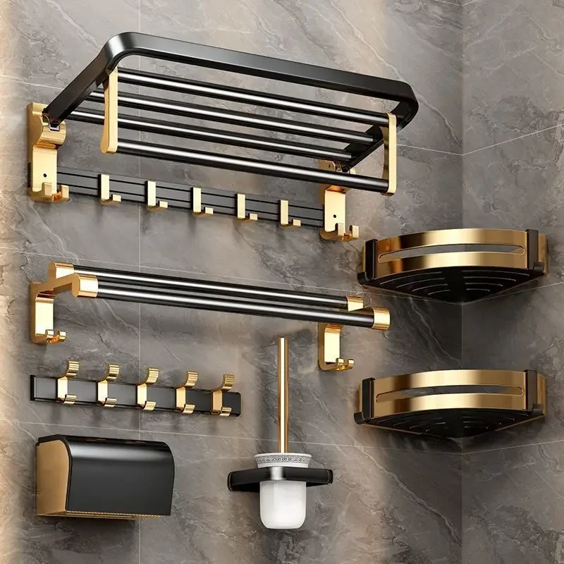 

No punching bathroom storage towel rack, bathroom black gold space aluminum towel rack, bathroom hardware pendant set