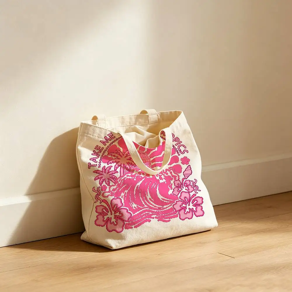 Palm Tree Canvas Tote Bag Waterproof Lining Large Capacity Reusable Shopping Bags Casual Student Daily Handbag
