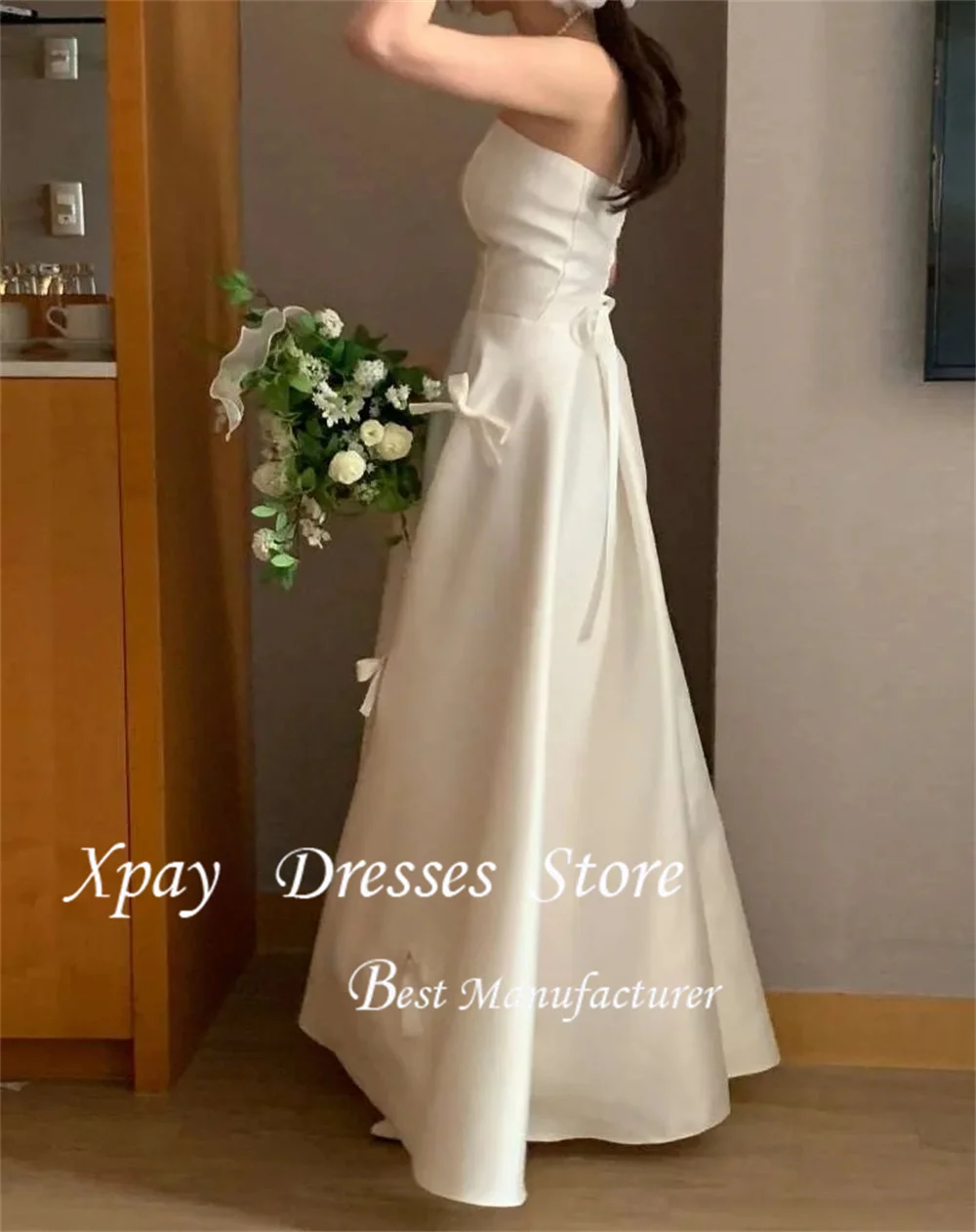 XPAY シンプルなストラップレス A ライン韓国イブニングドレス結婚式の写真撮影パーティードレスボレロちょう結びナイトイベントカスタマイズ